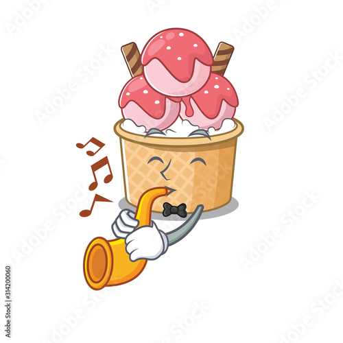 cartoon character style of ice cream sundae performance with trumpet