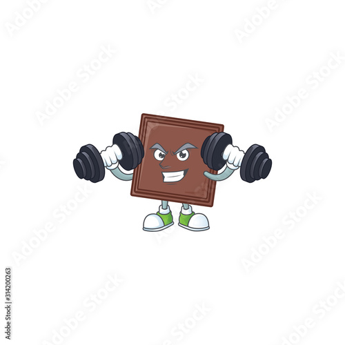 Fitness exercise one bite chocolate bar mascot icon with barbells