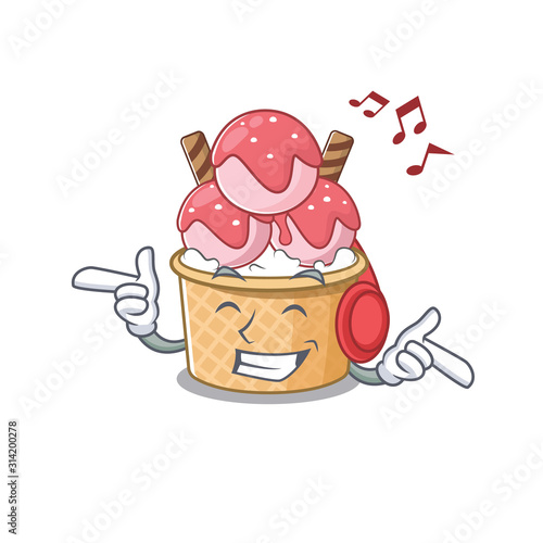 Listening music ice cream sundae mascot cartoon character design