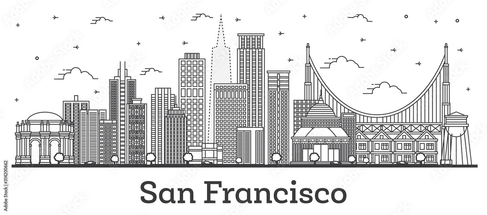 Outline San Francisco California City Skyline with Modern Buildings Isolated on White.