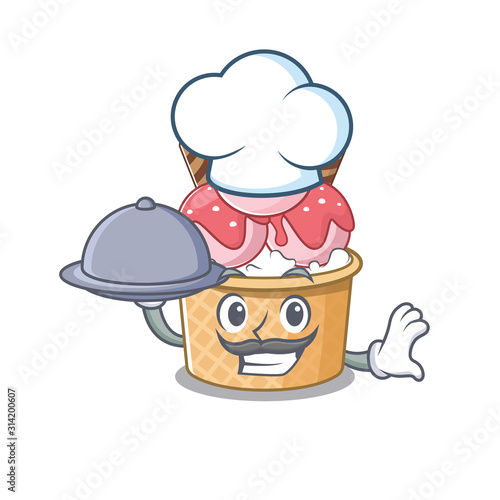 cartoon design of ice cream sundae as a Chef having food on tray