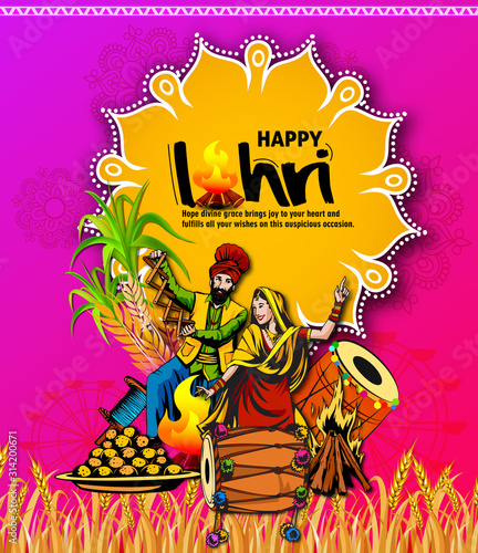 Punjabi festival of lohri celebration bonfire background with wishes of Happy Lohri © mona_