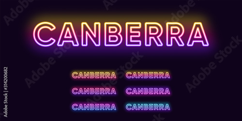 Neon Canberra name, capital city in Australia. Neon text of Canberra city