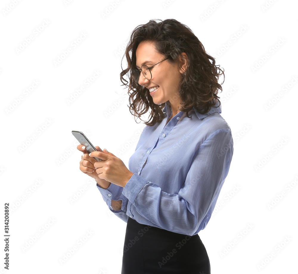 © Pixel-Shot - Portrait of businesswoman with mobile phone on white background