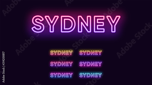 Neon Sydney name, city in Australia. Neon text of Sydney city