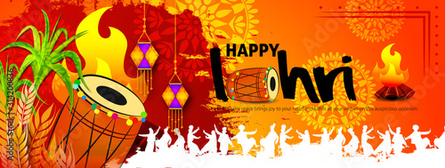 Punjabi festival of lohri celebration bonfire background with wishes of Happy Lohri