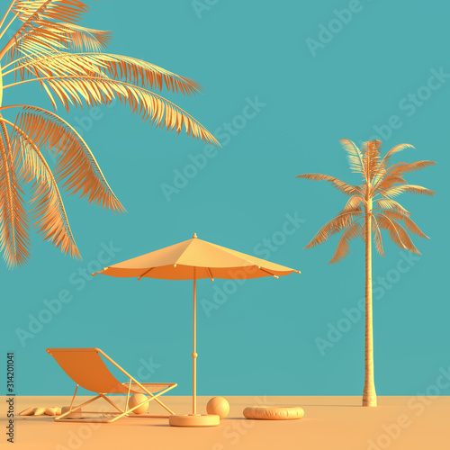 Travel concept background design with sea bed and umbrella. Mock up for travel concept design with copy space. 3D illustration.