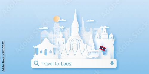 Travel Laos postcard, poster, tour advertising of world famous landmarks in paper cut style. Vectors illustrations
