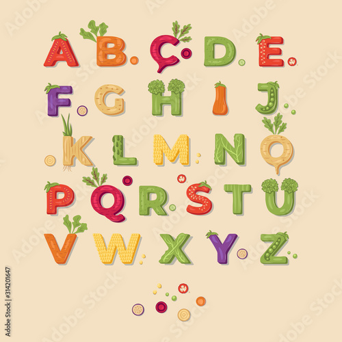 Vegetable lettering alphabet design on a light background. Vector illustration.
