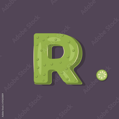 Cucumber in a form of letter R - vegetable lettering design. Vector illustration.
