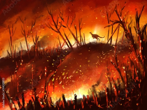 illustration kangaroo run away from wildfire part of  global warming