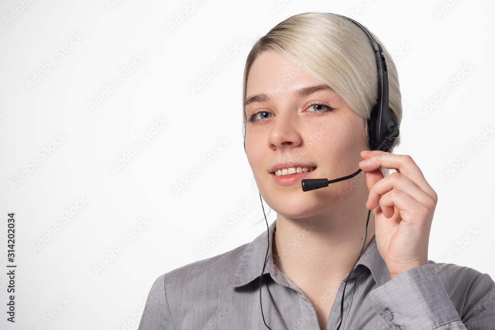 Woman working at call center calling with smile isolated over white background with large area for your text. Woman working at call center calling with smile isolated over white background with large area for your text.