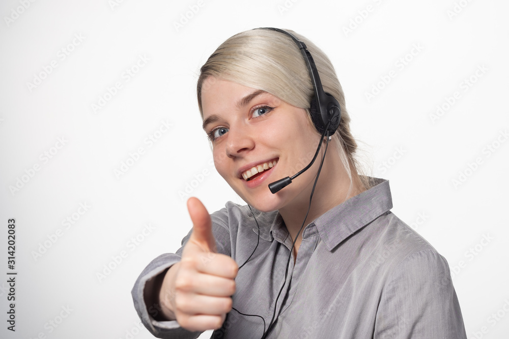 Woman working at call center calling with smile isolated over white background with large area for your text. Woman working at call center calling with smile isolated over white background with large area for your text.