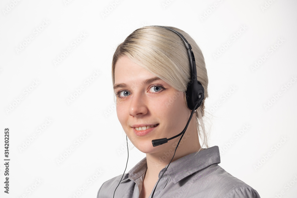 Woman working at call center calling with smile isolated over white background with large area for your text. Woman working at call center calling with smile isolated over white background with large area for your text.
