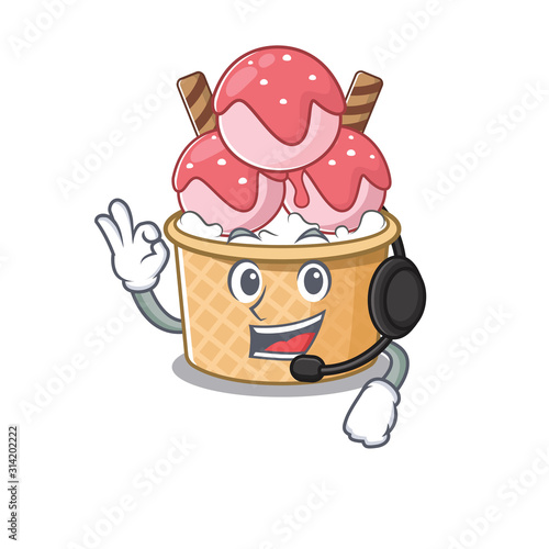 Smiley ice cream sundae cartoon character design wearing headphone