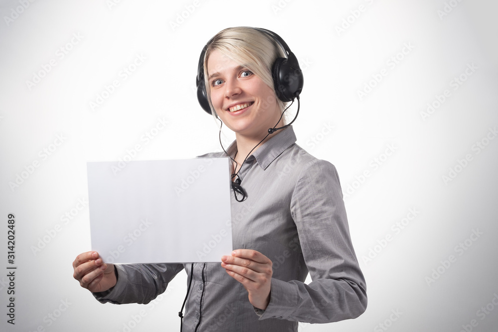 Woman working at call center calling with smile isolated over white background with large area for your text. Woman working at call center calling with smile isolated over white background with large area for your text.