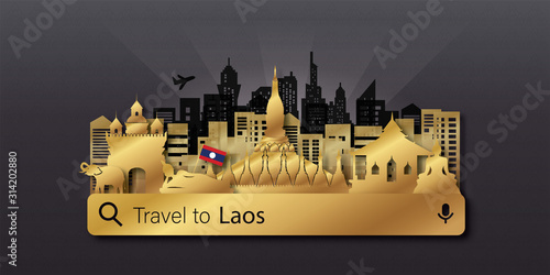 Travel Laos postcard, poster, tour advertising of world famous landmarks in paper cut style. Vectors illustrations