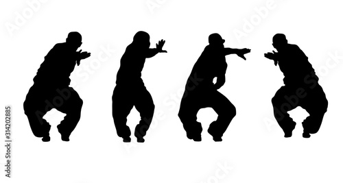 Vector illustration silhouettes of expressive people dancing dancing. Funk, hip hop, rapper lettering about home dancing. Dancer.