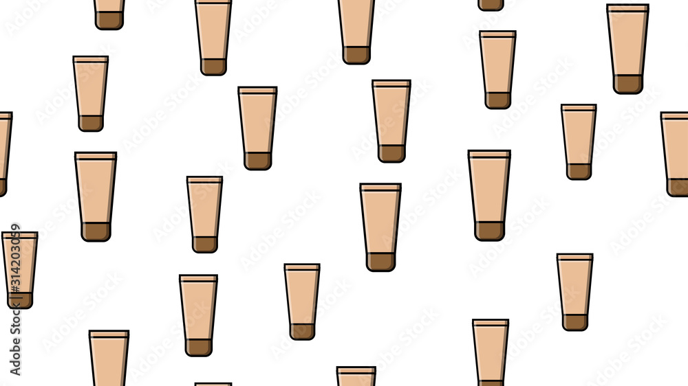 Endless seamless pattern of beautiful beauty items of female glamorous fashion tubes of makeup foundation on a white background. Vector illustration Endless seamless pattern of beautiful beauty items of female glamorous fashion tubes of makeup foundation on a white background. Vector illustration