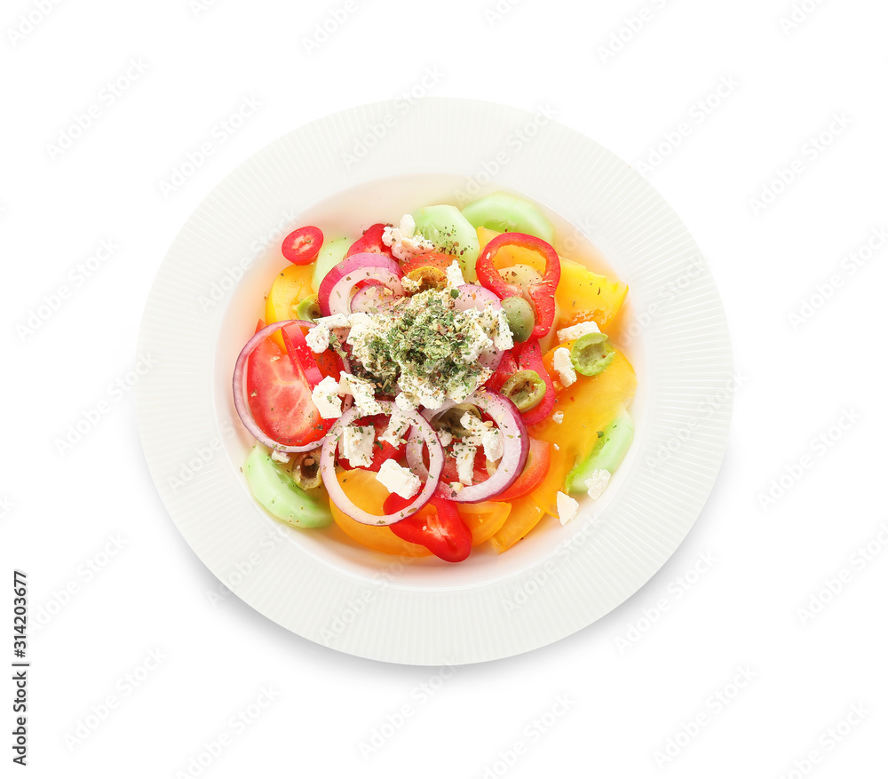 Plate with fresh Greek salad on white background Plate with fresh Greek salad on white background