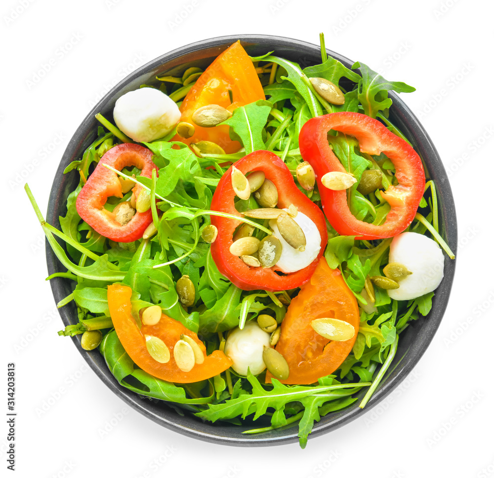 Plate with tasty salad on white background