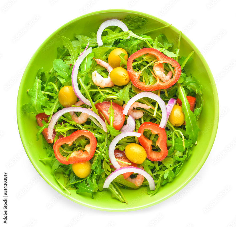 Plate with tasty salad on white background Plate with tasty salad on white background