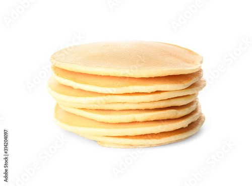 Stack of tasty pancakes on white background
