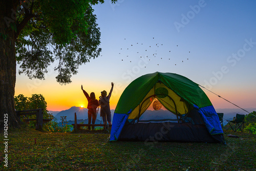 woman and man couple lover or traveller camping in campsite with freshly morning action cheerfully