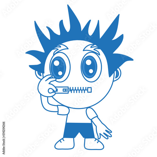 boy keeps his mouth shut by closing the zipper with his hand, funny cartoon character with simplistic facial expression, emoticon simple vector illustration 