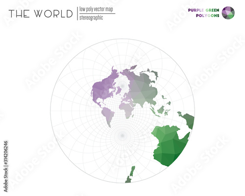 World map with vibrant triangles. Stereographic of the world. Purple Green colored polygons. Energetic vector illustration.