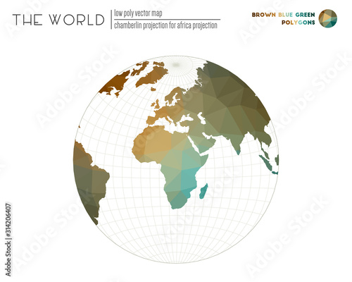 World map in polygonal style. Chamberlin projection for Africa projection of the world. Brown Blue Green colored polygons. Trending vector illustration.
