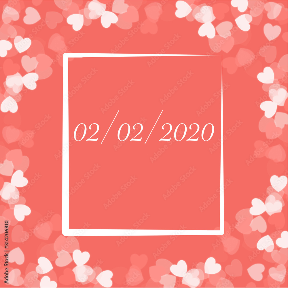 White and red hearts abstract confetti background with a white text frame in the center