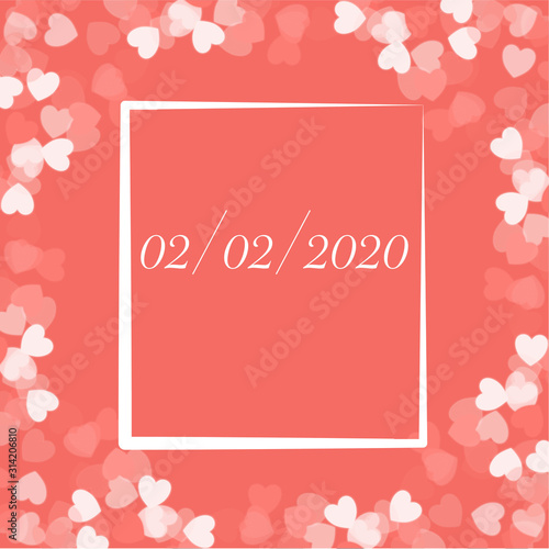 White and red hearts abstract confetti background with a white text frame in the center © Tatiana Sidorova