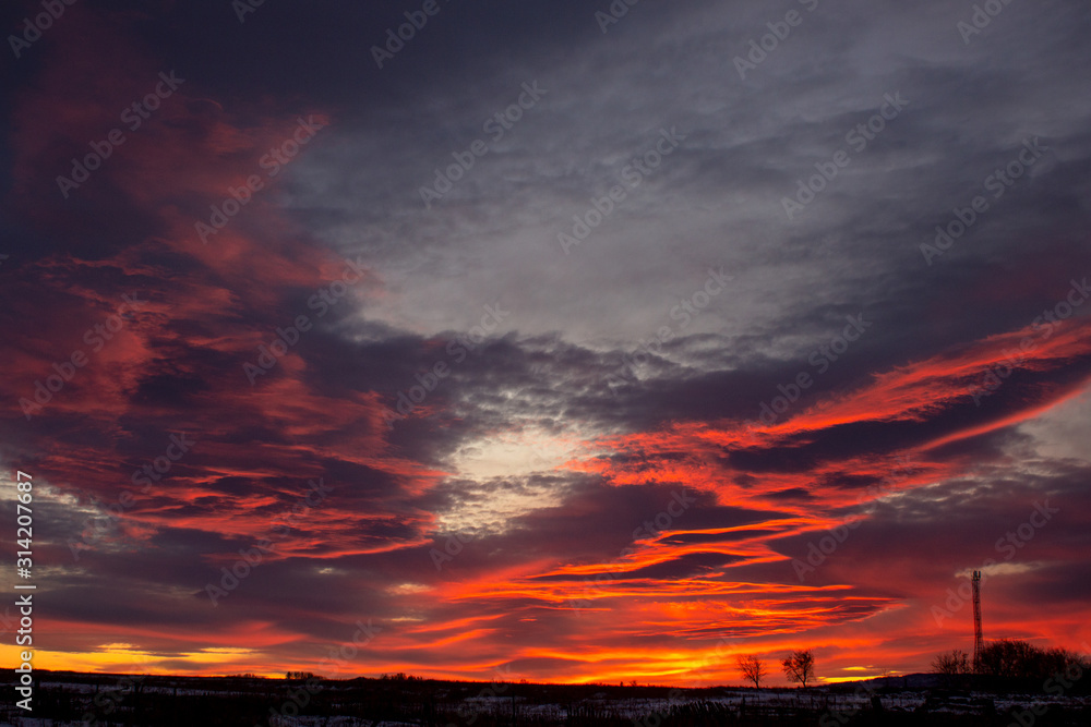 Red-blue, fiery sunset with dark clouds on the outskirts of the village. Dark winter rural landscape with a silhouette of a tree against the background of a beautiful sunset. Artistically blurry. Red-blue, fiery sunset with dark clouds on the outskirts of the village. Dark winter rural landscape with a silhouette of a tree against the background of a beautiful sunset. Artistically blurry.