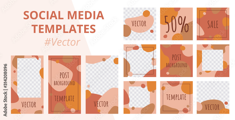 Abstract set of modern editable template for social networks stories and posts. Trendy social media pack in scandinavian style. Mockup for advertising with organic shapes. Vector illustration Abstract set of modern editable template for social networks stories and posts. Trendy social media pack in scandinavian style. Mockup for advertising with organic shapes. Vector illustration