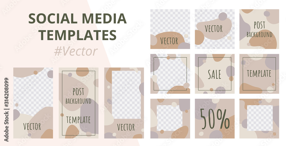 Social media pack template for stories and posts with organic shapes in scandinavian style. Minimal mockup web banner for mobile apps. Abstract background layout. Vector illustration