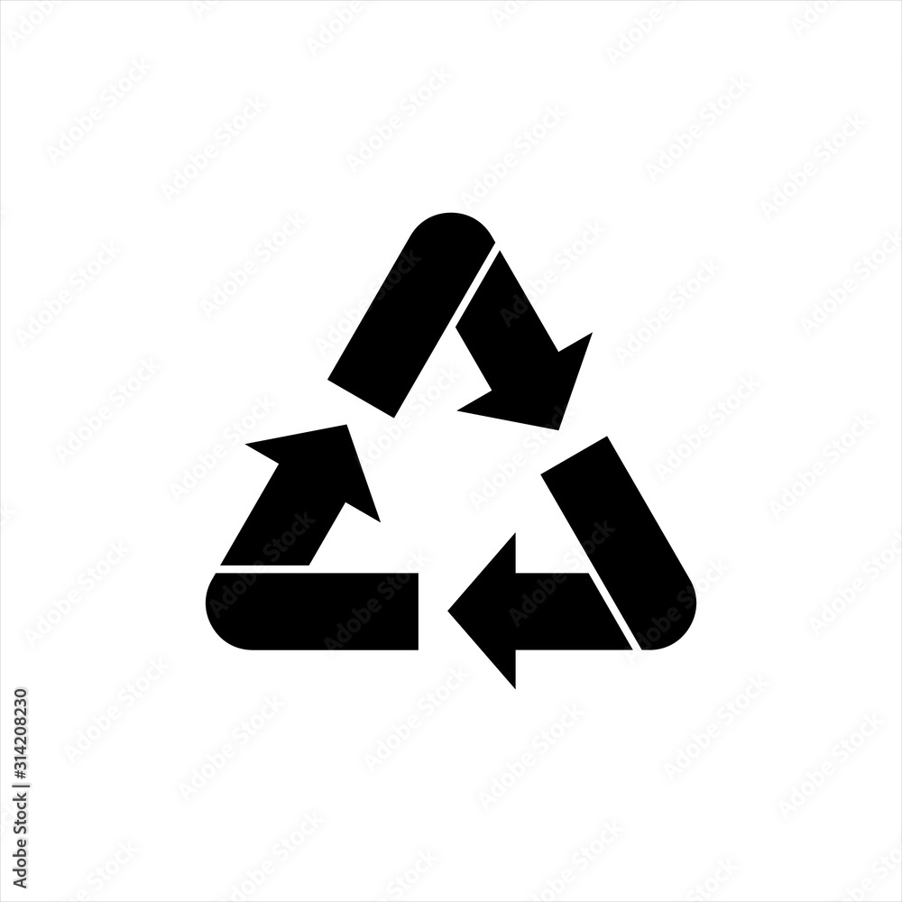 Black recycle symbol. Three black arrows circulate. Management of waste materials that are garbage and pass through the transformation process, especially the melting process. Creates new materials. Black recycle symbol. Three black arrows circulate. Management of waste materials that are garbage and pass through the transformation process, especially the melting process. Creates new materials.