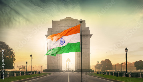 INDIA GATE DELHI WITH INDIA FLAG FLYING photo