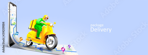 Fast delivery package by scooter on mobile phone. Order package in E-commerce by app. Tracking courier by map application. Three dimensional concept. Vector illustration photo
