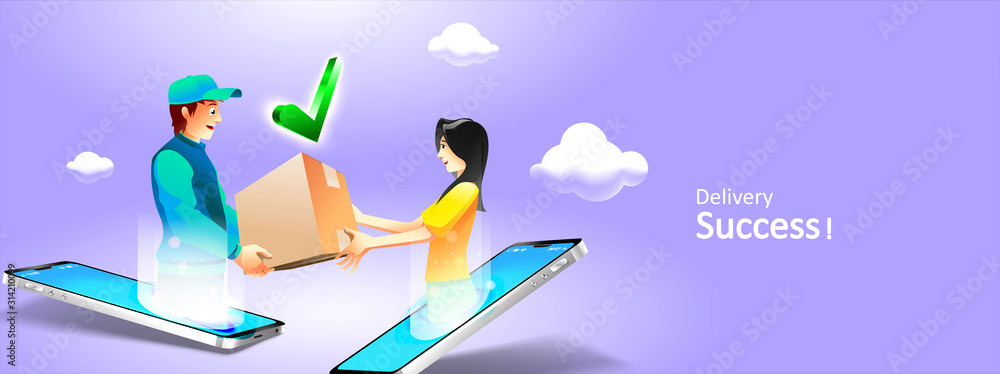 Man Hand Giving Package To Another on phone online. Delivery Courier Shipping three dimensional concept. Vector Illustration