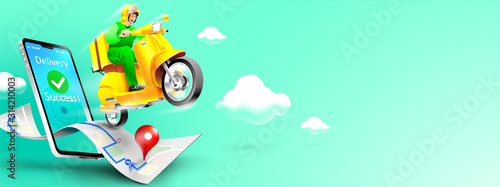 Fast delivery package by scooter on mobile phone. Order package in E-commerce by app. Tracking courier by map application. Three dimensional concept. Vector illustration