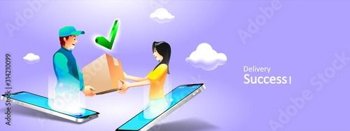 Man Hand Giving Package To Another on phone online. Delivery Courier Shipping three dimensional concept. Vector Illustration