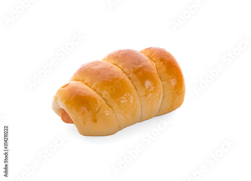 Fresh hot crusty bread rolls. Sausages in dough an isolated on white background