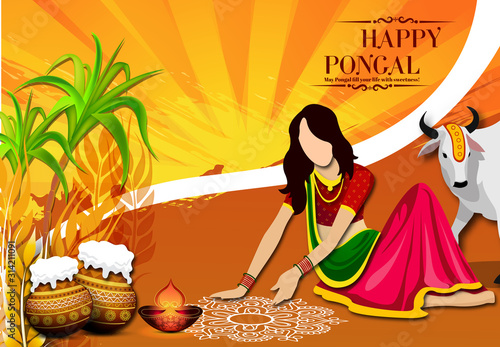 Illustration of Happy Pongal Holiday greeting Harvest Festival of South India with traditional pot and sugarcane on rangoli for religious festival background