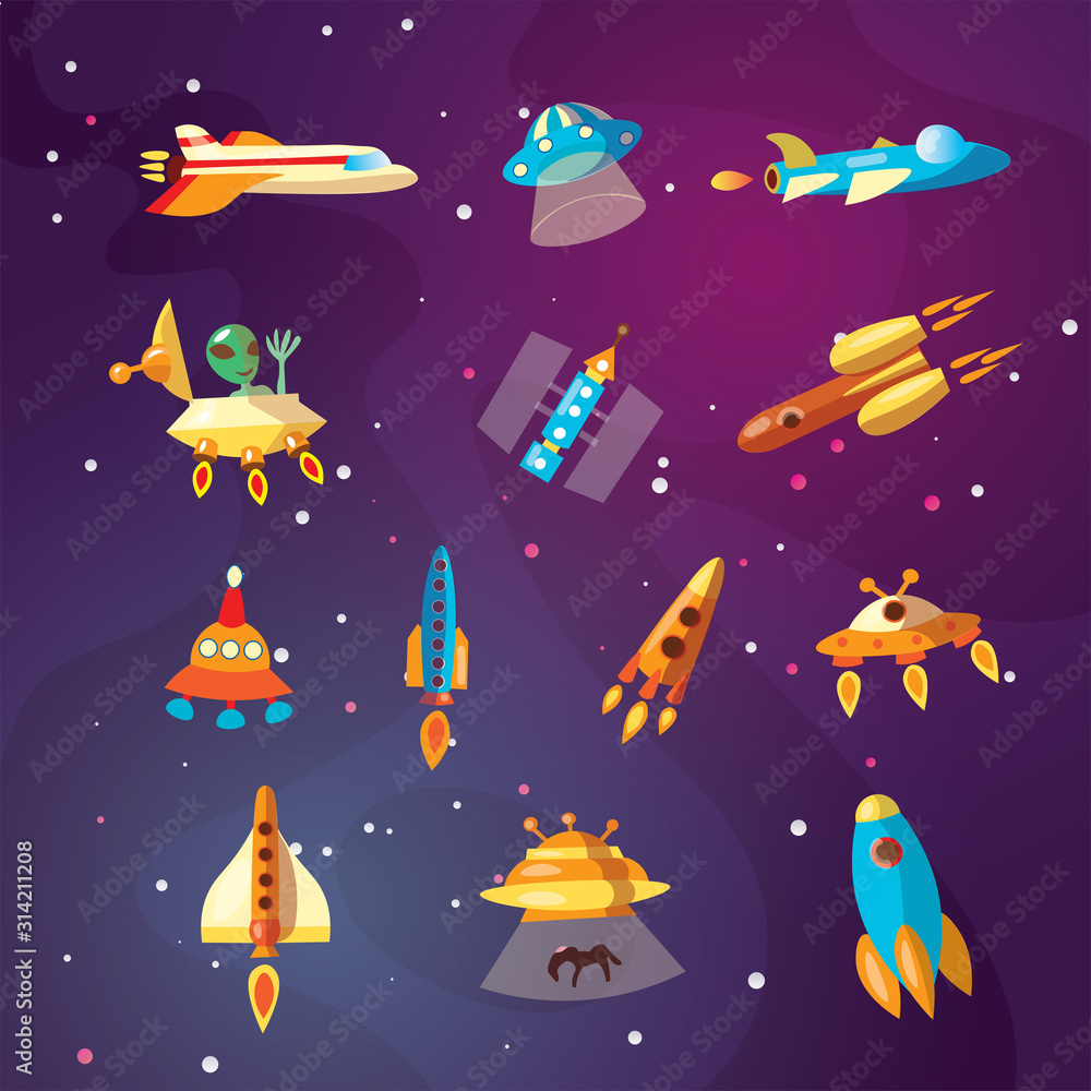 Cute cartoon space explorer, astronomy science and UFO vector set. Lunar rover, rockets, space sheeps and shuttle, aliens. Space equipment, rockets and shuttles collection for kids Cute cartoon space explorer, astronomy science and UFO vector set. Lunar rover, rockets, space sheeps and shuttle, aliens. Space equipment, rockets and shuttles collection for kids