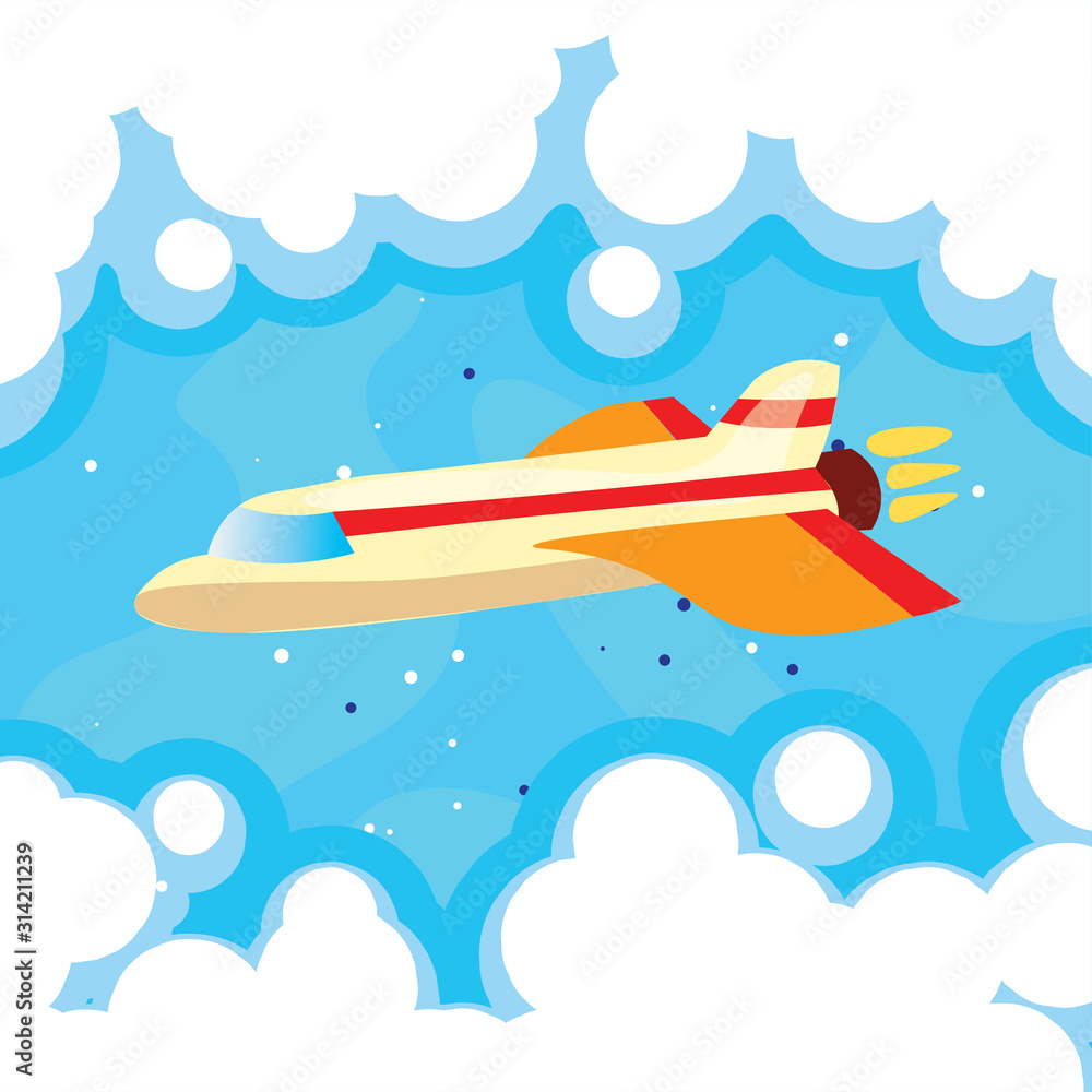 Cartoon cute vector illustration of plane in blue sky and clouds. Airplane flying in a sky, turbo plane, jet in clouds, vector illustration Cartoon cute vector illustration of plane in blue sky and clouds. Airplane flying in a sky, turbo plane, jet in clouds, vector illustration