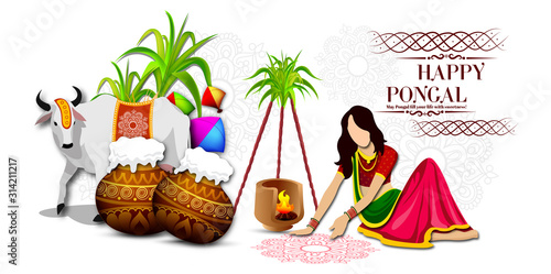 Illustration of Happy Pongal Holiday greeting Harvest Festival of South India with traditional pot and sugarcane on rangoli for religious festival background