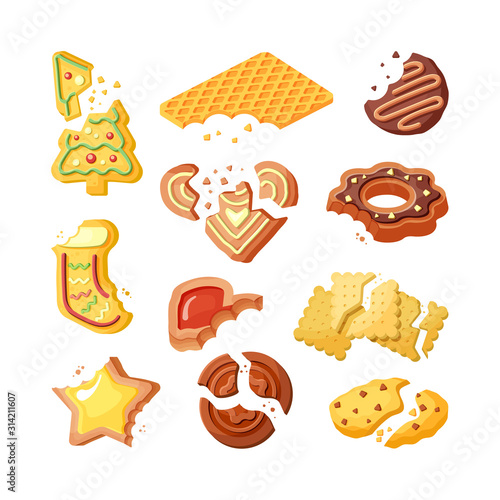 Bitten cookies, broken biscuits flat vector illustrations set