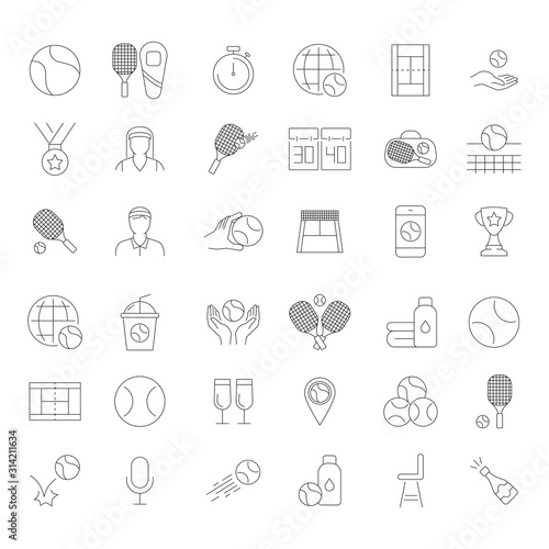 Set of vector line icons and symbols in flat design tennis with elements for mobile concepts and web apps. Collection of tennis stuff, ball, racket, equipment, court, medal, competition infographic.