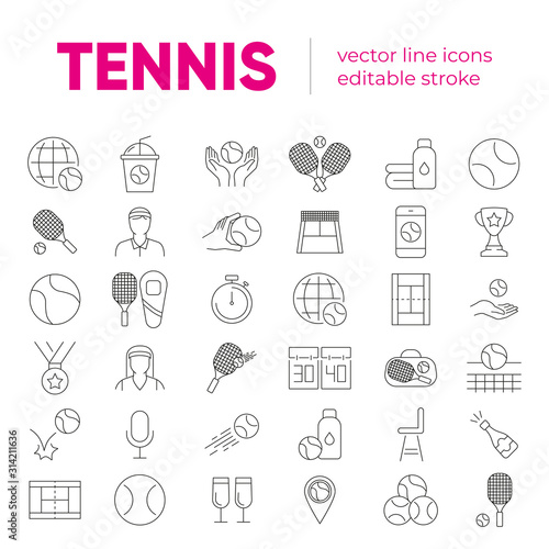 Set of vector line icons and symbols in flat design tennis with elements for mobile concepts and web apps. Collection of tennis stuff, ball, racket, equipment, court, medal, competition infographic.